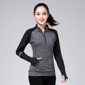 Women Long Sleeve Quick Dry Elastic GYM Fitness Yoga Jackets Outdoor Night Running Tops Reflective Stripe Sports Coat Thumb Hole