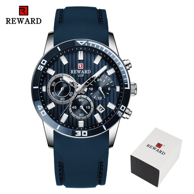 REWARD Mens Watches Top Brand Luxury Blue Quartz Watch Chronograph Men Silicone Waterproof Date Sport Wrist Watch Man Male Clock
