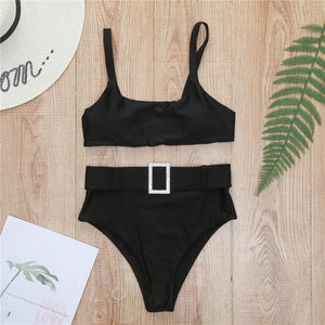 Crystal Belted Swimsuit Two Piece Swimwear High Waisted Bikini Set 2020 New Summer Solid Midkini Push Up Bathing Suits Lady