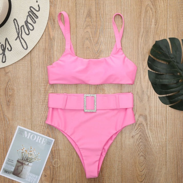 Crystal Belted Swimsuit Two Piece Swimwear High Waisted Bikini Set 2020 New Summer Solid Midkini Push Up Bathing Suits Lady