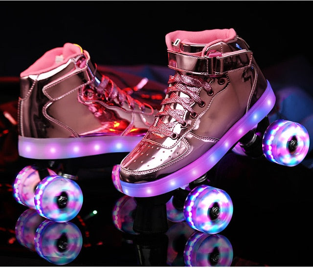 2020 New Flash Skates Adult Double-Row Pulley Shoes Men Women 4-Wheel PU Children Adult Luminous Roller Skates