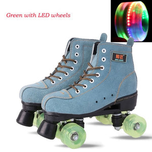 Japy Artificial Leather Roller Skates Green Double Line Skates Men Adult Two Line Skating Shoes Patines With Black PU 4 Wheels